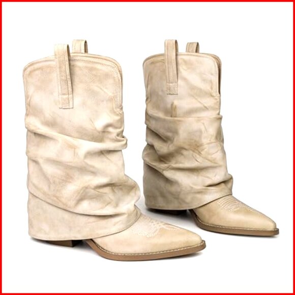 Wide Calf Cowboy Boots Women Chunky Heel Mid Calf Western Boots - Picture 6 of 7